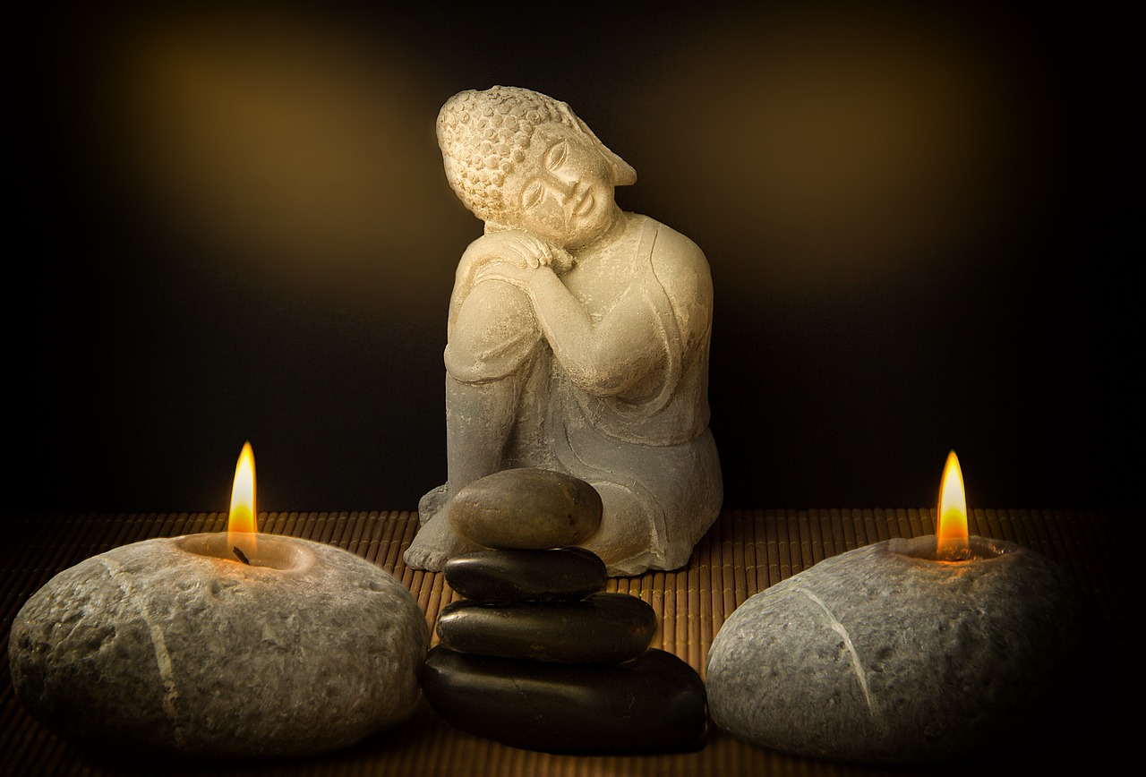 buddha, candles, stones